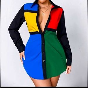 SHEIN SXY Color Block Blouson Sleeve Shirt Dress